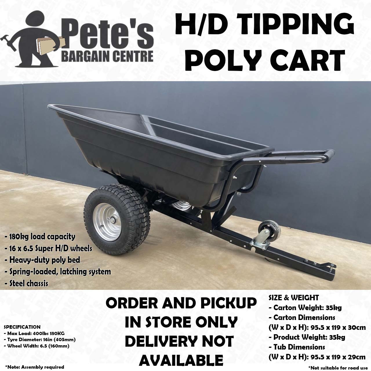 Tow Behind Wide Wheel Tipping Poly Cart (Trailer Suit Ride On Mower) 