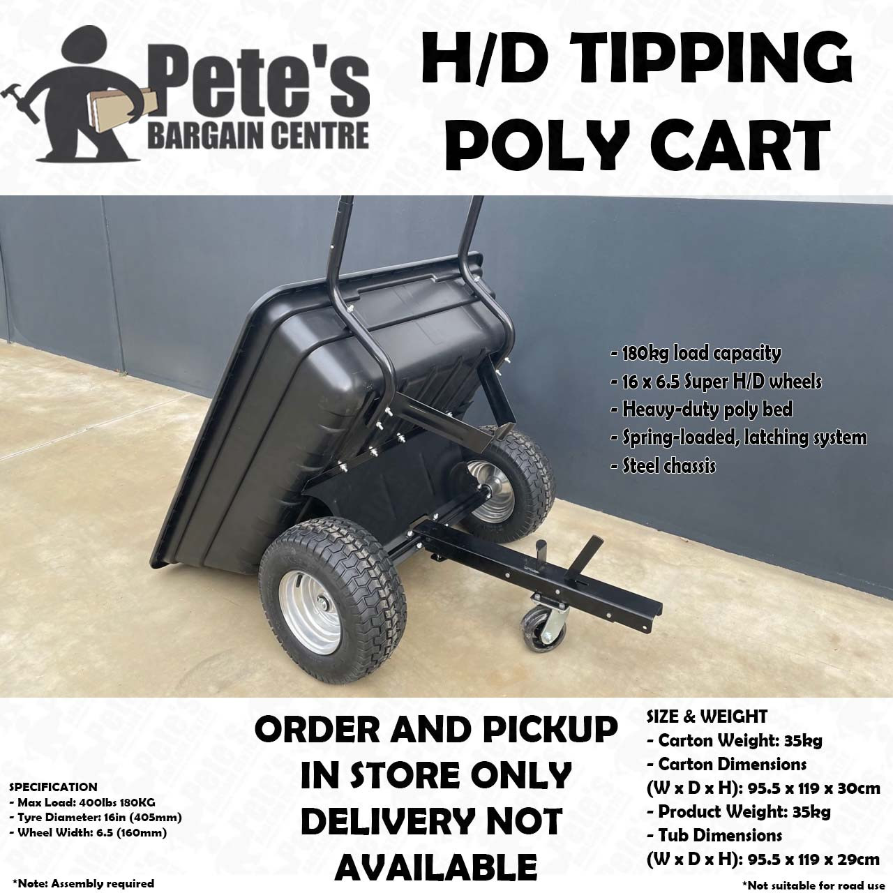 Tow Behind Wide Wheel Tipping Poly Cart (Trailer Suit Ride On Mower) 