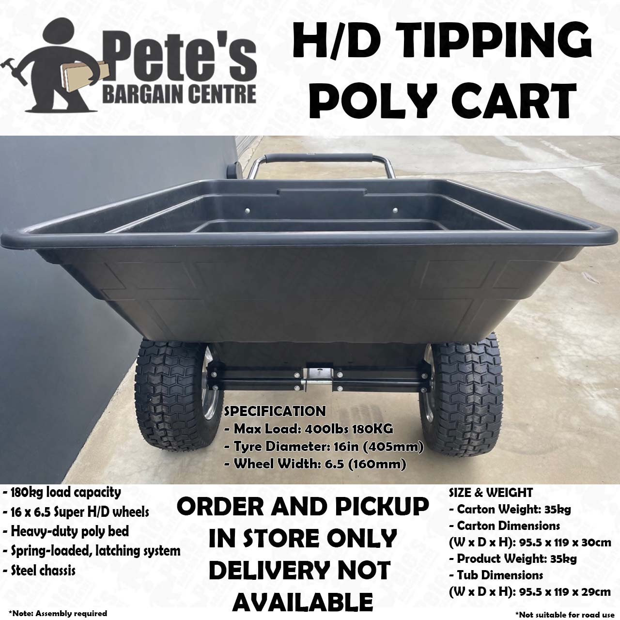 Tow Behind Wide Wheel Tipping Poly Cart (Trailer Suit Ride On Mower) 