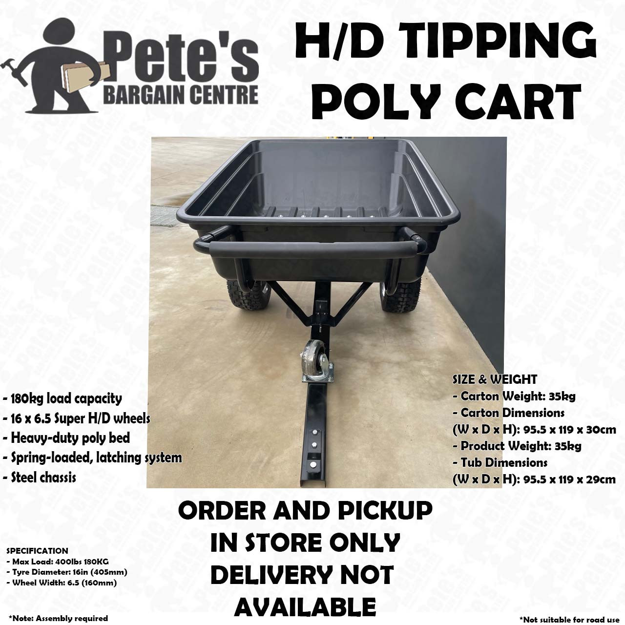 Tow Behind Wide Wheel Tipping Poly Cart (Trailer Suit Ride On Mower) 