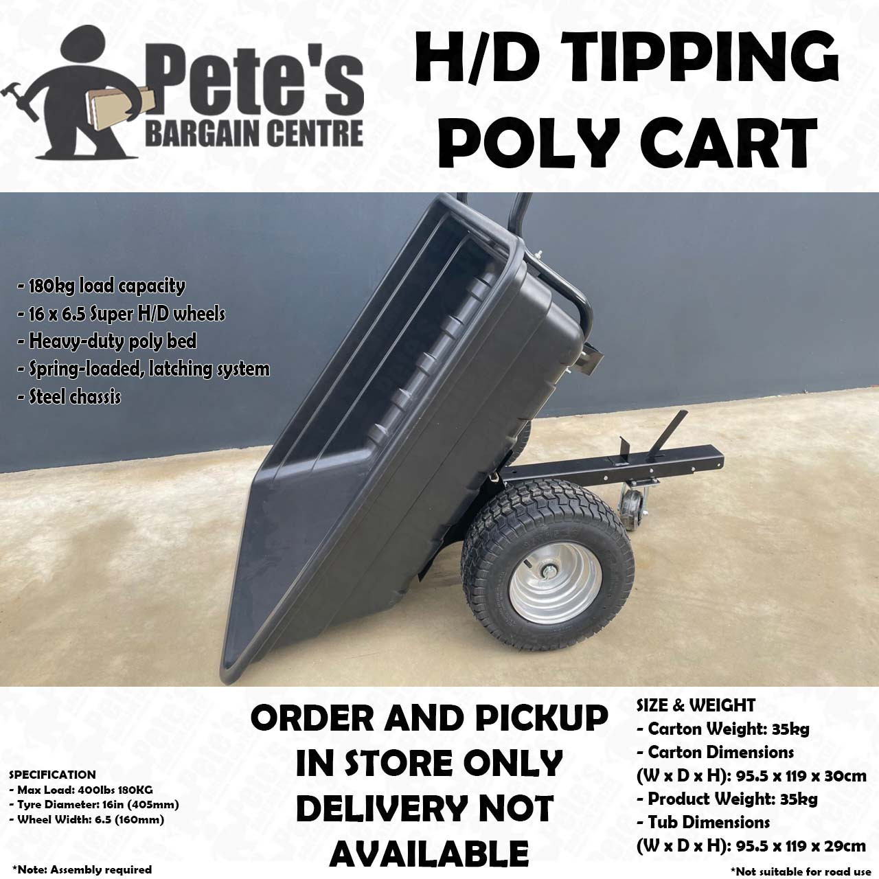 Tow Behind Wide Wheel Tipping Poly Cart (Trailer Suit Ride On Mower) 
