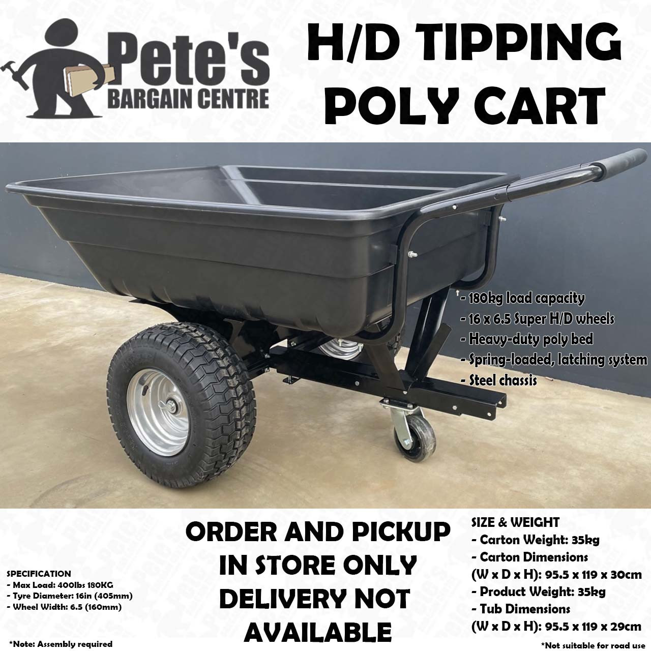 Tow Behind Wide Wheel Tipping Poly Cart (Trailer Suit Ride On Mower) 