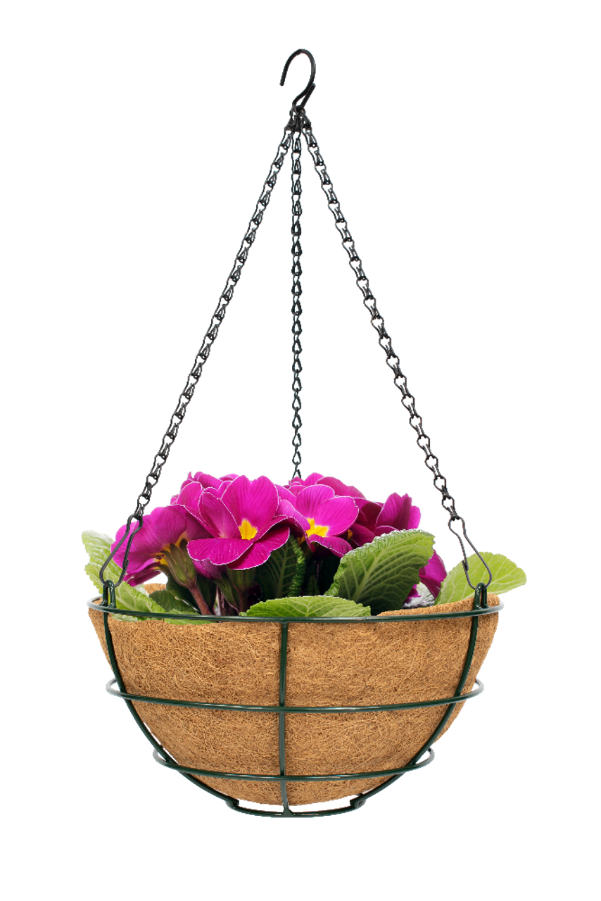 Beehive style hanging wire basket with moulded coco fibre liner
