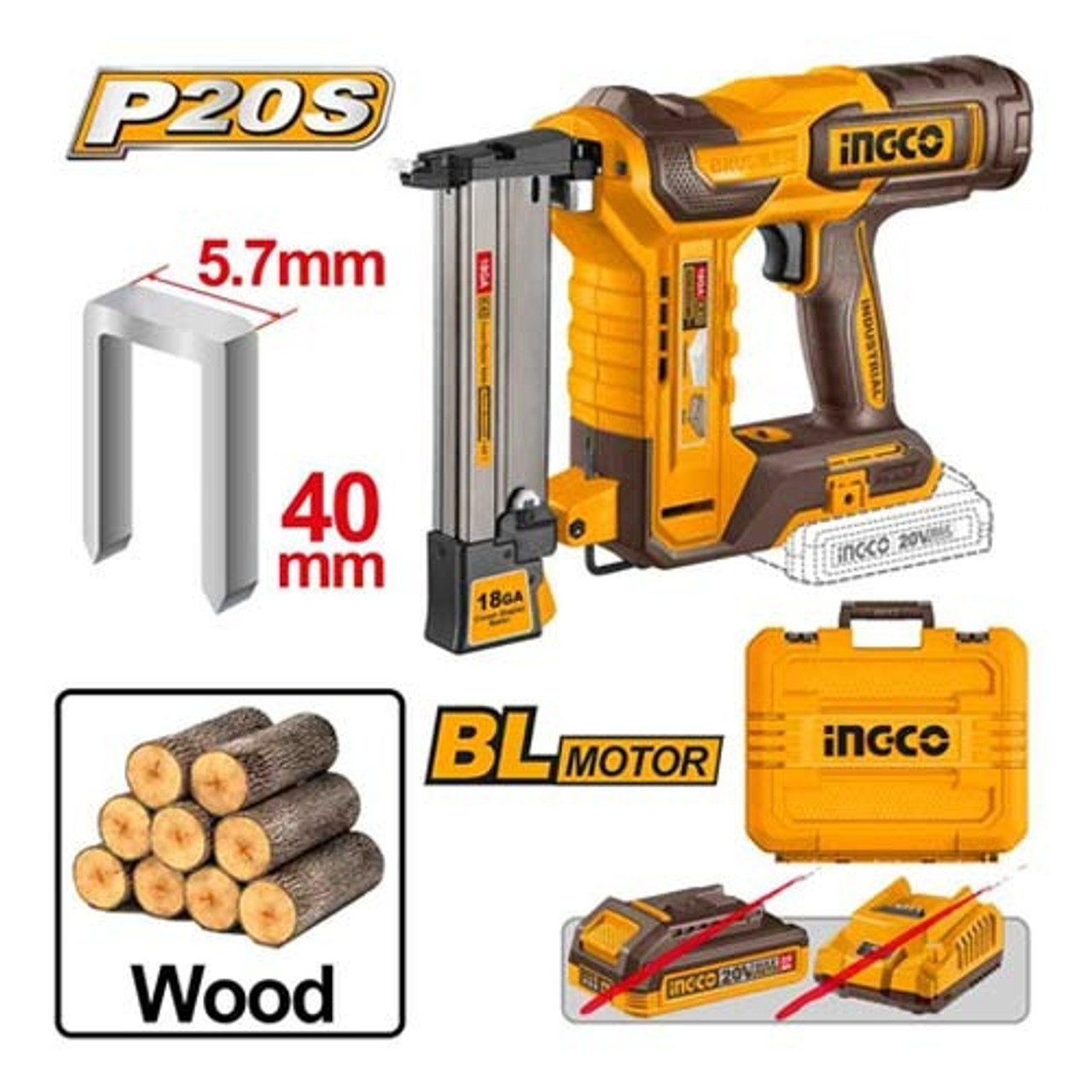 Ingco Li-Ion Cordless Crown Stapler Nailer 20V Skin