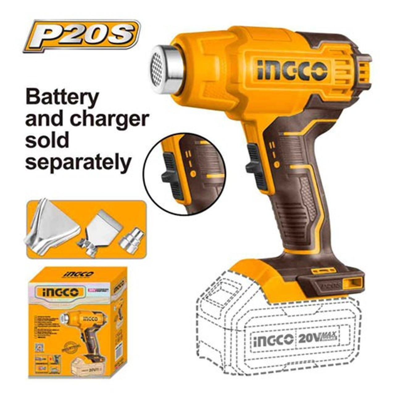 Ingco Li-Ion Cordless Heat Gun 20V Skin
