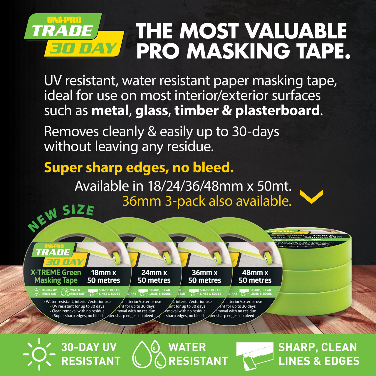 Uni-Pro Trade 30 Day X-TREME Green Masking Tape 36mm x 50m - box of 24 Rolls