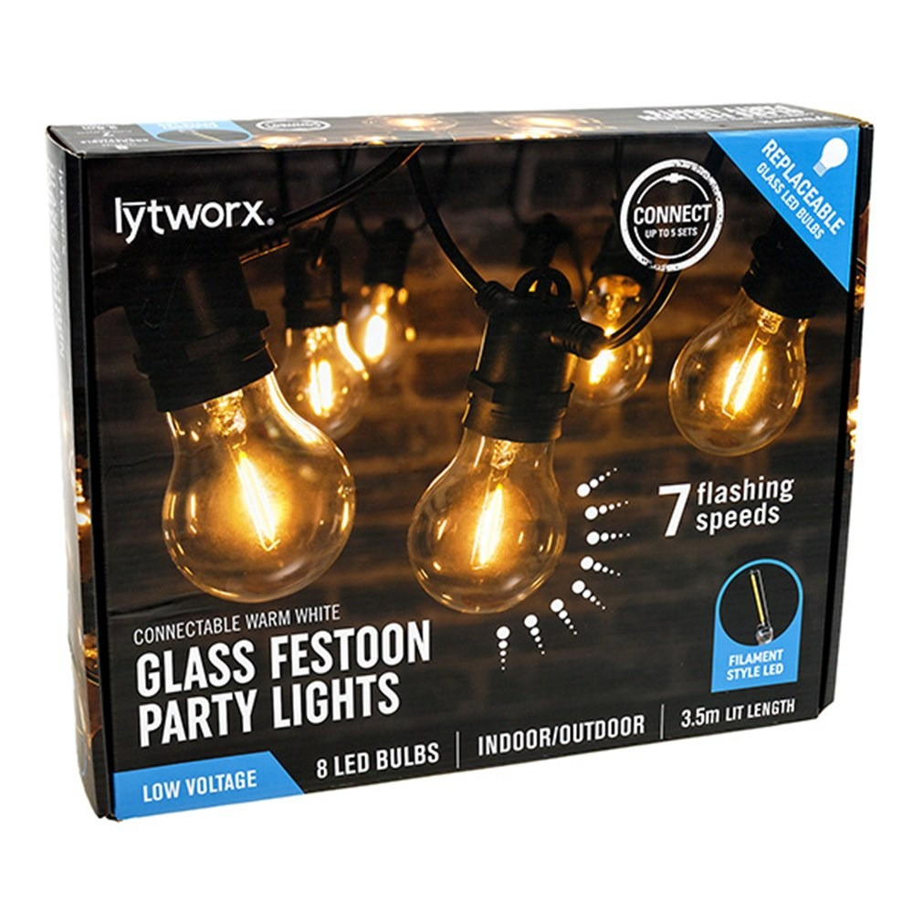 Party Lights Festoon Glass Bulb Warm White 7F Pk8 Connect