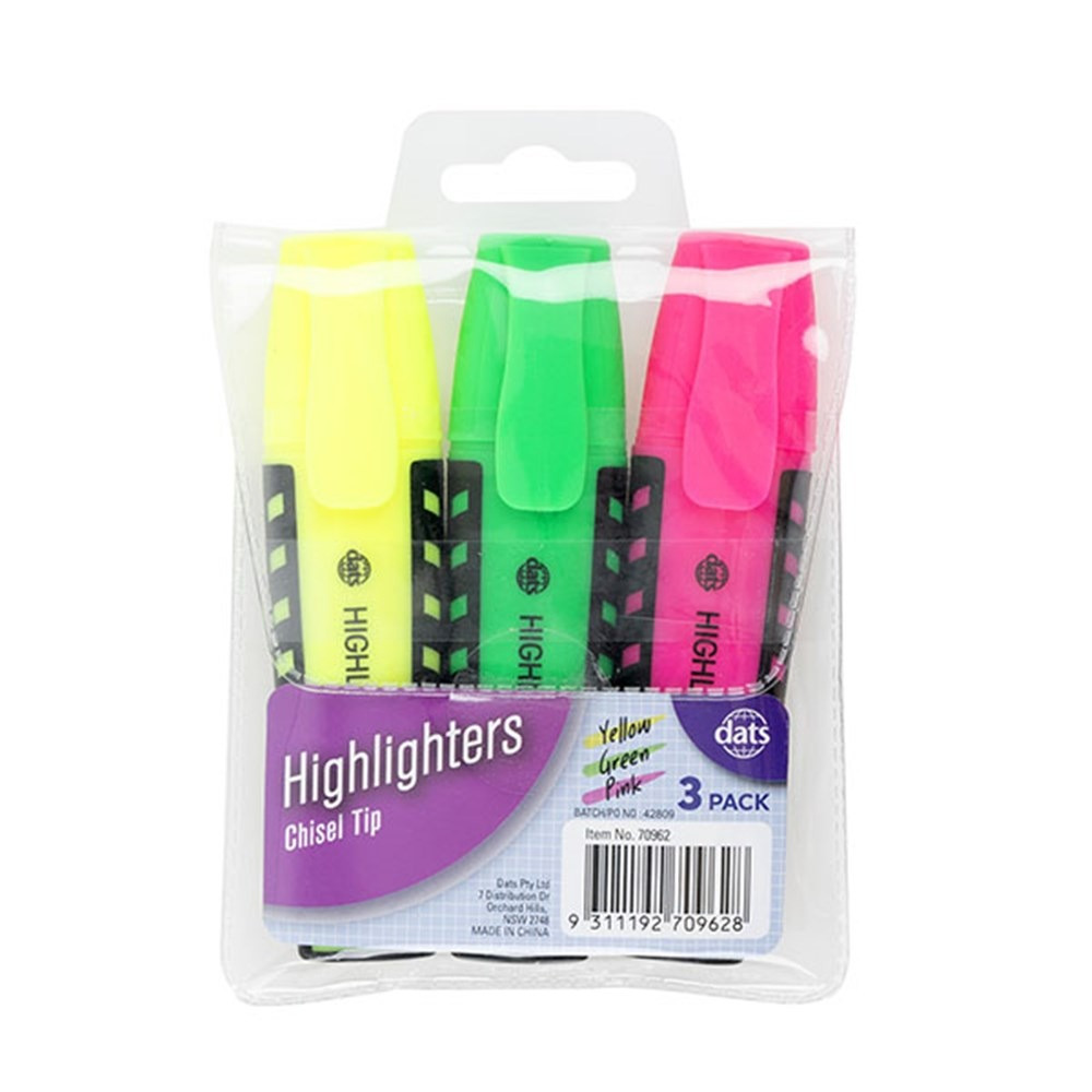 Highlighter 3pk Fluro w TPR Grip Chisel Tip in PVC Wallet