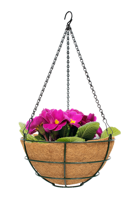 Beehive style hanging wire basket with moulded coco fibre liner