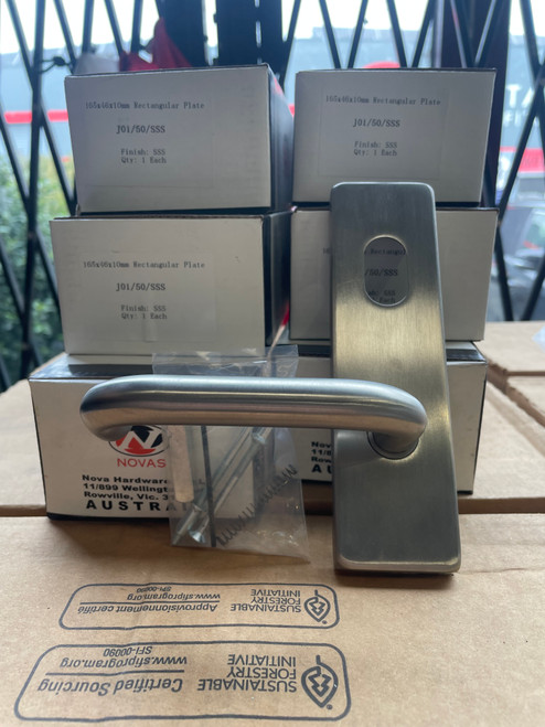 2 x Novas Door Lever Plate Satin Stainless Steel Concealed Cylinder