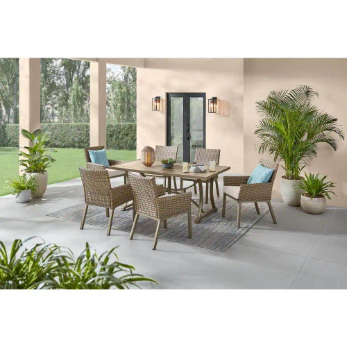 Holly Cove 7-Piece Wicker Outdoor Dining Set with Almond Cushions
