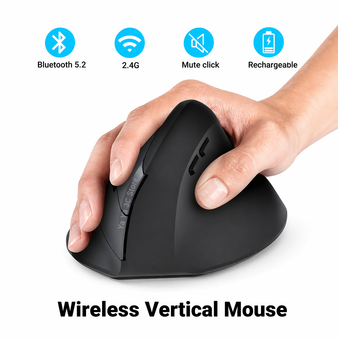 Ergonomic wireless vertical mouse held in hand — Bluetooth 5.2 and 2.4G, silent click, rechargeable, compatible with PC and Mac