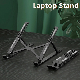 Portable foldable laptop stand with MacBook — adjustable height riser for ergonomic posture and neck pain relief while working