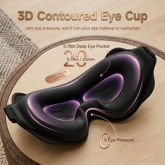 Close-up of 3D contoured eye cup design on sleep mask — dome shape prevents contact with eyelids for comfortable all-night wear