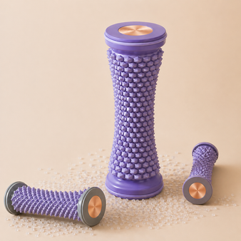 Foot roller massager for plantar fasciitis and arch pain relief — PVC and TPR material, available in gray, purple and pink