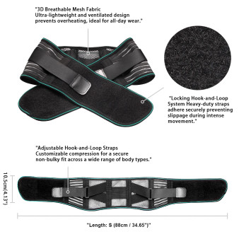 Lower back brace internal steel stays and dual strap system — rigid lumbar support belt structure for spine stabilization and pain relief