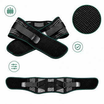 Lower back brace internal steel stays and dual strap system — rigid lumbar support belt structure for spine stabilization and pain relief