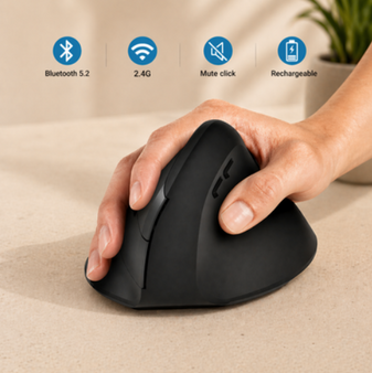 Ergonomic wireless vertical mouse held in hand — Bluetooth 5.2 and 2.4G, silent click, rechargeable, compatible with PC and Mac