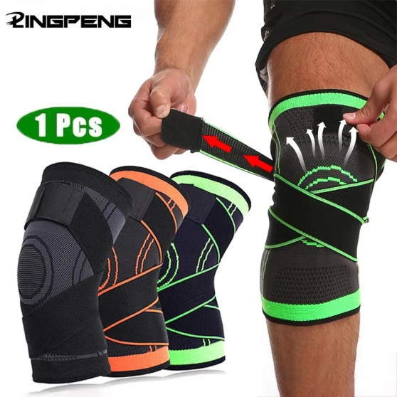 Adjustable knee compression sleeve worn on leg — 2-way dual strap support brace for pain relief, running and sports recovery