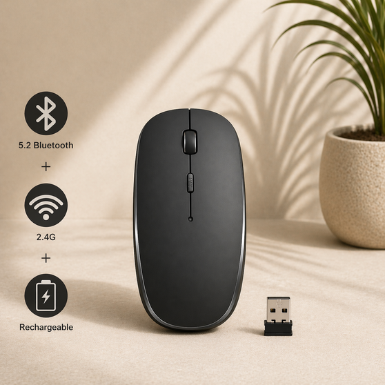 Wireless Bluetooth mouse with RGB backlight — rechargeable dual mode 2.4GHz and Bluetooth silent click mouse for PC and Mac