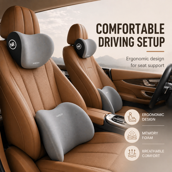Memory foam car seat cushion set installed in car — ergonomic headrest and lumbar support for back pain relief during driving