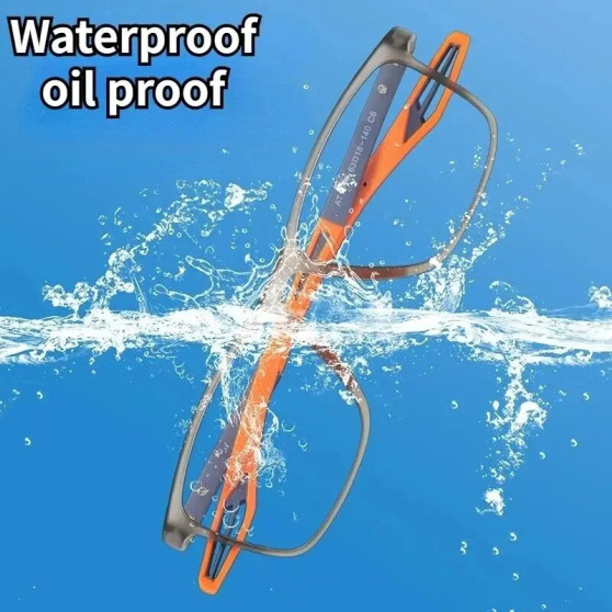 Reading glasses anti blue light filter demonstration — TR90 lenses block digital screen blue light to reduce eye strain and headaches