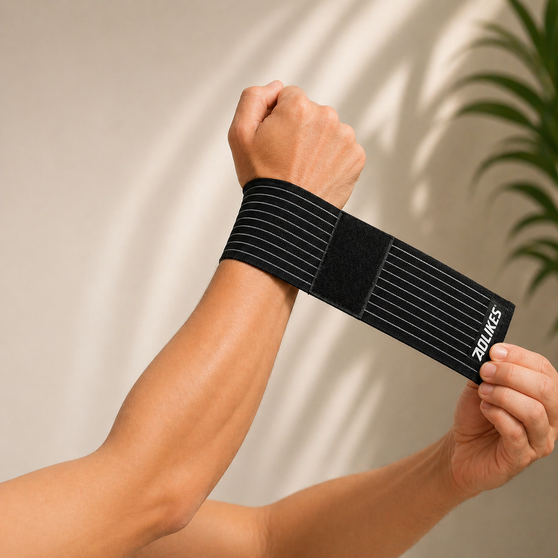 AOLIKES elastic wrist wrap bandage worn on hand — cotton gym wrist support for weightlifting, CrossFit and carpal tunnel relief