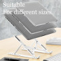 Laptop stand shown at multiple height and angle positions — adjustable ergonomic riser for desk, couch and travel use