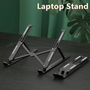 Portable foldable laptop stand with MacBook — adjustable height riser for ergonomic posture and neck pain relief while working