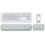 Wireless ergonomic keyboard and mouse set on desk, minimalist design, comfortable typing setup