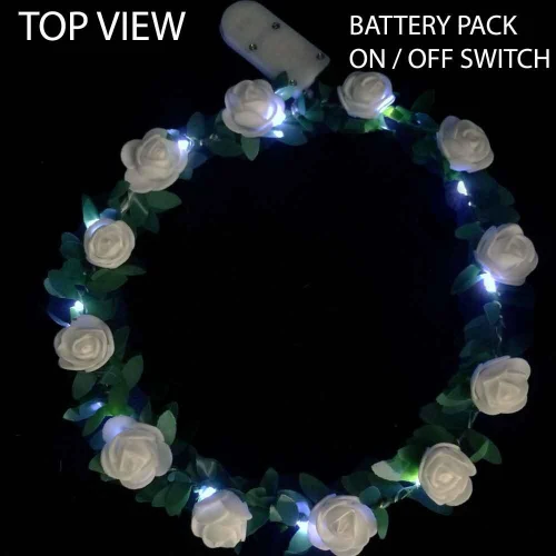Rose Crown, decorative LED floral crown with white rose flowers and green leaves, featuring a battery pack on/off switch for easy operation.