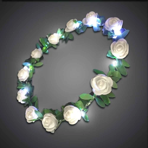 Rose Crown, decorative LED floral crown with white roses and green leaves illuminated with white and blue lights.