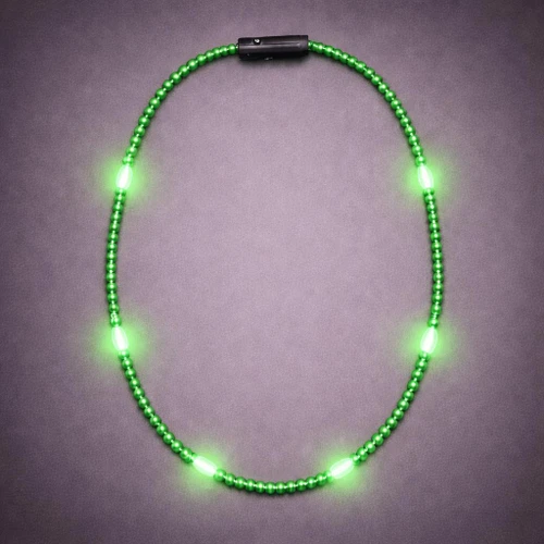 Mardi Gras Beaded Necklace - Solid Colors, vibrant green beaded necklace with glowing LED lights for celebration and festive events.