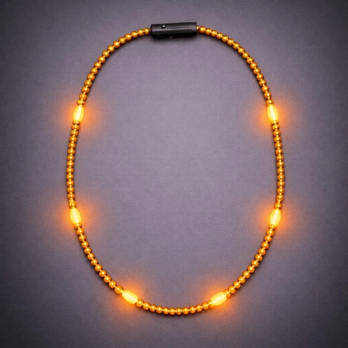 Mardi Gras Beaded Necklace - Solid Colors, orange beaded necklace with built-in LED lights illuminating.