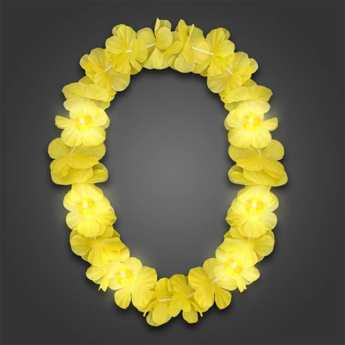 LED Floral Lei - Solid Colors, yellow flower-shaped LED string lights forming a floral lei against a dark gray background.