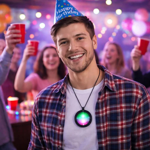 Flashing Medallions, LED light-up LED necklace at a birthday party celebration.