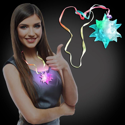 Original Crystal Necklace, glowing multicolored crystal necklace worn by smiling woman.