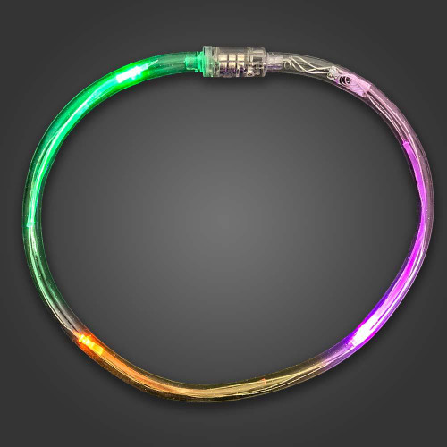 Flashing Mardi Gras Chaser Necklaces, illuminated colorful LED necklace with multi-color lights for celebration and party accessories.