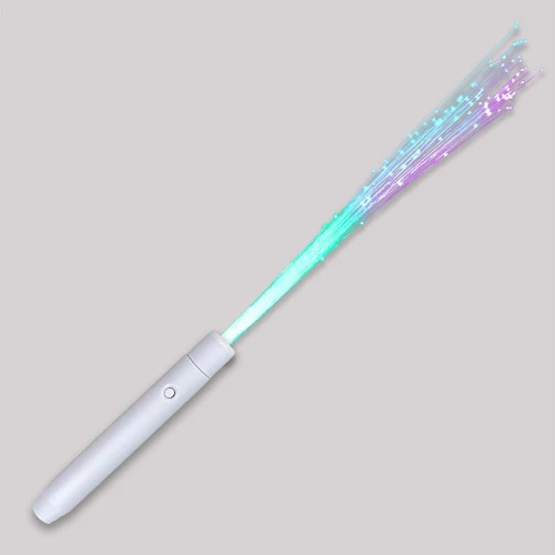 colorful fiber optic glow wand with a white handle and activated with a button