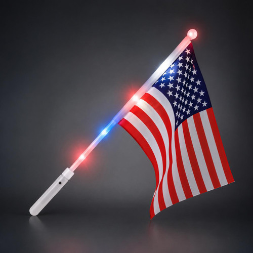 Red White Blue LED USA Flag with Lighted Handle, American flag with illuminated handle for patriotic celebrations and events.