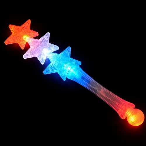Triple Star LED Wand, colorful illuminated star-shaped LED light wand with red, pink, blue, and orange colors on a black background.