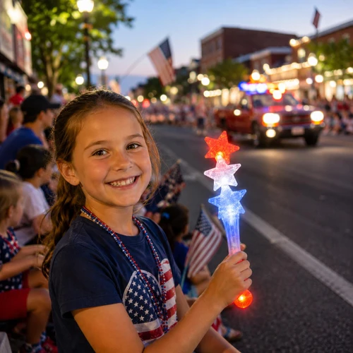 Triple Star LED Wand, young girl holding a colorful LED star wand at a parade during evening with crowd and festive lights in the background.