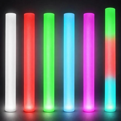 flashing colorful foam sticks emitting vibrant light in white, red, green, blue, purple, and multi-color modes