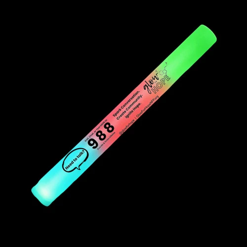 Economy LED Foam Stick, colorful glowing foam stick with inspirational message and contact information.