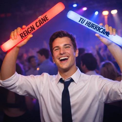 Customized LED Foam Glow Sticks, flashing foam sticks glowing in red and blue with text 'Reign Cane' and 'Tu Hurricane' at a lively party or concert.