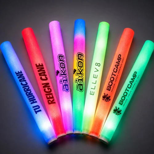 Customized LED Foam Glow Sticks, flashing foam sticks in various colors with printed text and logos for promotional events and parties.