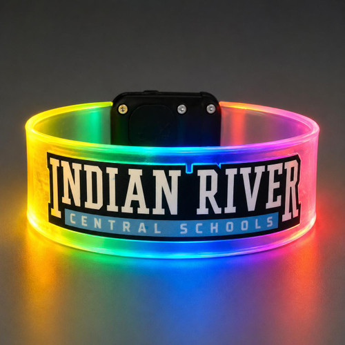Custom LED Bracelets Personalized Party Favors, Multicolored Light Up Wristbands for Schools, Weddings, Birthdays & Events, illuminated rainbow-colored wristband displaying 'INDIAN RIVER CENTRAL SCHOOLS' for vibrant party decoration.