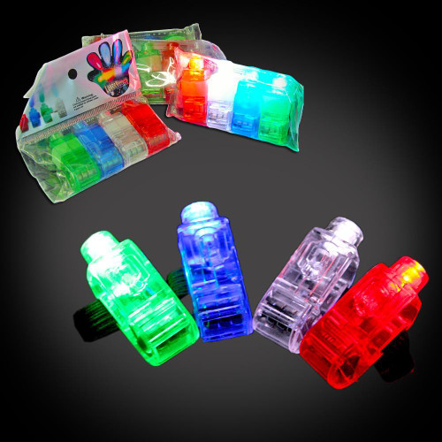 Finger Lights, colorful LED finger lights with multiple colors including green, blue, white, and red in plastic casing.