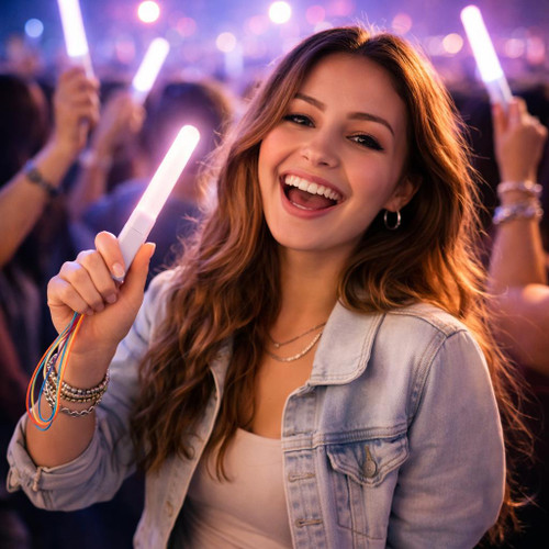 LED Poi Lightstick, woman celebrating with colorful glowing lightstick at night event.