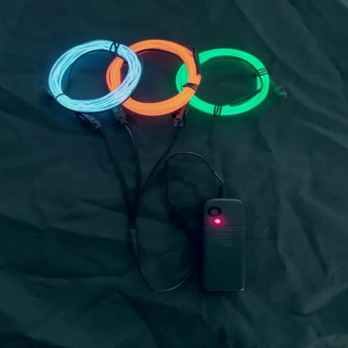 EL Wire Triple Play, three 2-meter (20ft) EL wire loops in blue, orange, and green connected to a power controller